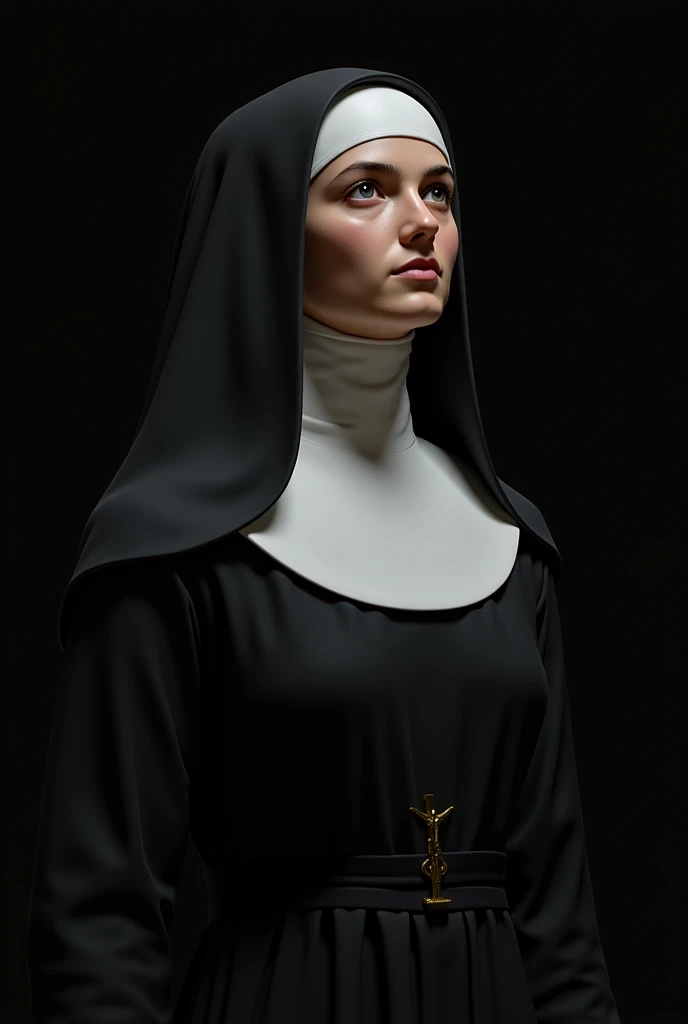 A close-up portrait of the Nun of Monza, wearing a traditional 17th-century nun's habit, with a white coif and a black veil. Her face shows a mix of solemnity and melancholy, with soft light highlighting her delicate features. The background is dark and textured, adding depth and an air of mystery to the image