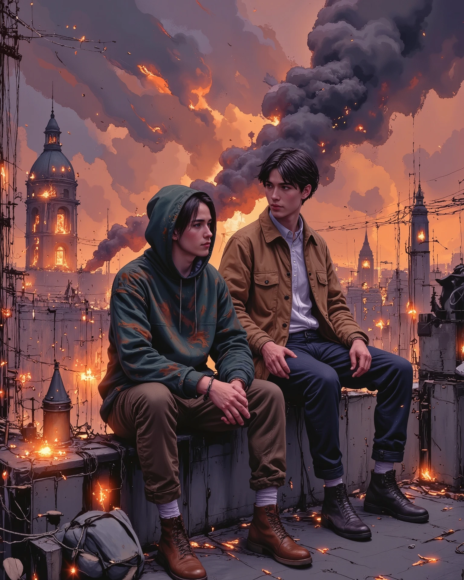 "Two young men sit on the edge of a rooftop overlooking a burning cityscape. The sky is filled with thick, orange and dark purple smoke, with embers drifting through the air. The fire reflects off the glass windows of tall buildings, casting an eerie glow over the city. The characters wear modern, slightly oversized urban clothing—one in a dark green camouflage hoodie and brown cargo pants, the other in a brown jacket and dark pants. They have relaxed but contemplative expressions, gazing at the destruction below. The scene is illustrated in a detailed anime-style with warm, dramatic lighting and a strong contrast between the fire’s glow and the darkening evening sky."