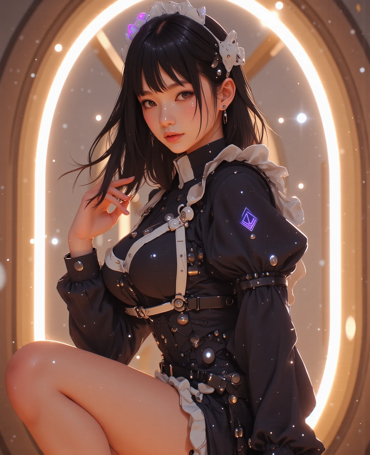 Smile、((Cleavage fully exposed))、(((National Foundation:1.32))),,(((A very young child:1.44))),(Very short hair),(whole body,(Who is Loli:1.3),(san francisco),whole body,(Kawaii),masterpiece, high quality, Ultra Detailed, super high quality, Very delicate and beautiful, Female 12 years old, (((Black hair on both sides to waist))), From bangs to eyebrows, Eyes sharp and powerful，Shining eyes, Eyebrows are shiny, Eye color magenta, 6.5 head high, (((magical girl fashion))), Knee socks, full Smile, Background Moon