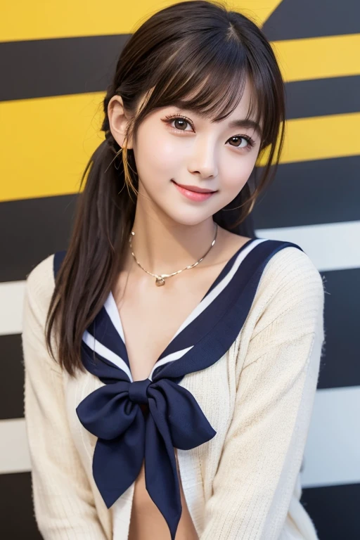 (Highest quality:1.2, Very detailed, Attention to detail, digital coloring, High Contrast, masterpiece:1.2, Highest quality, Best aesthetics), ((1 girl)), Black Hair, Straight Long Hair, Reddish brown eyes, Earrings, Collared shirt, Blue tie, smile, blush, JK, School uniforms, Friendly atmosphere, Beautiful illustrations, (((Low angle shot:1.6))), blue sky, Light, One Girl, Beautiful and well-defined legs and thighs, Highest quality, close, Super fine,
