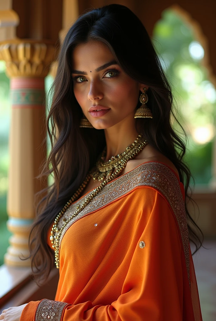Ultra realistic photo of a sexy Indian woman wearing indian flag as saree.