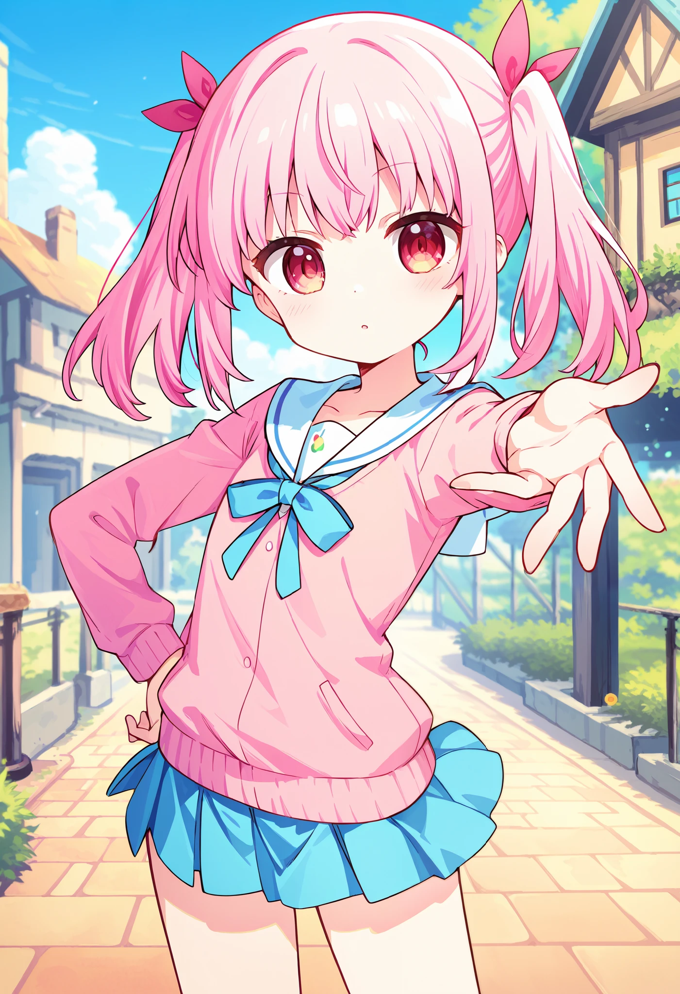 girls、pink hair、twin tails、 quick bangs、miniskirt、 piece