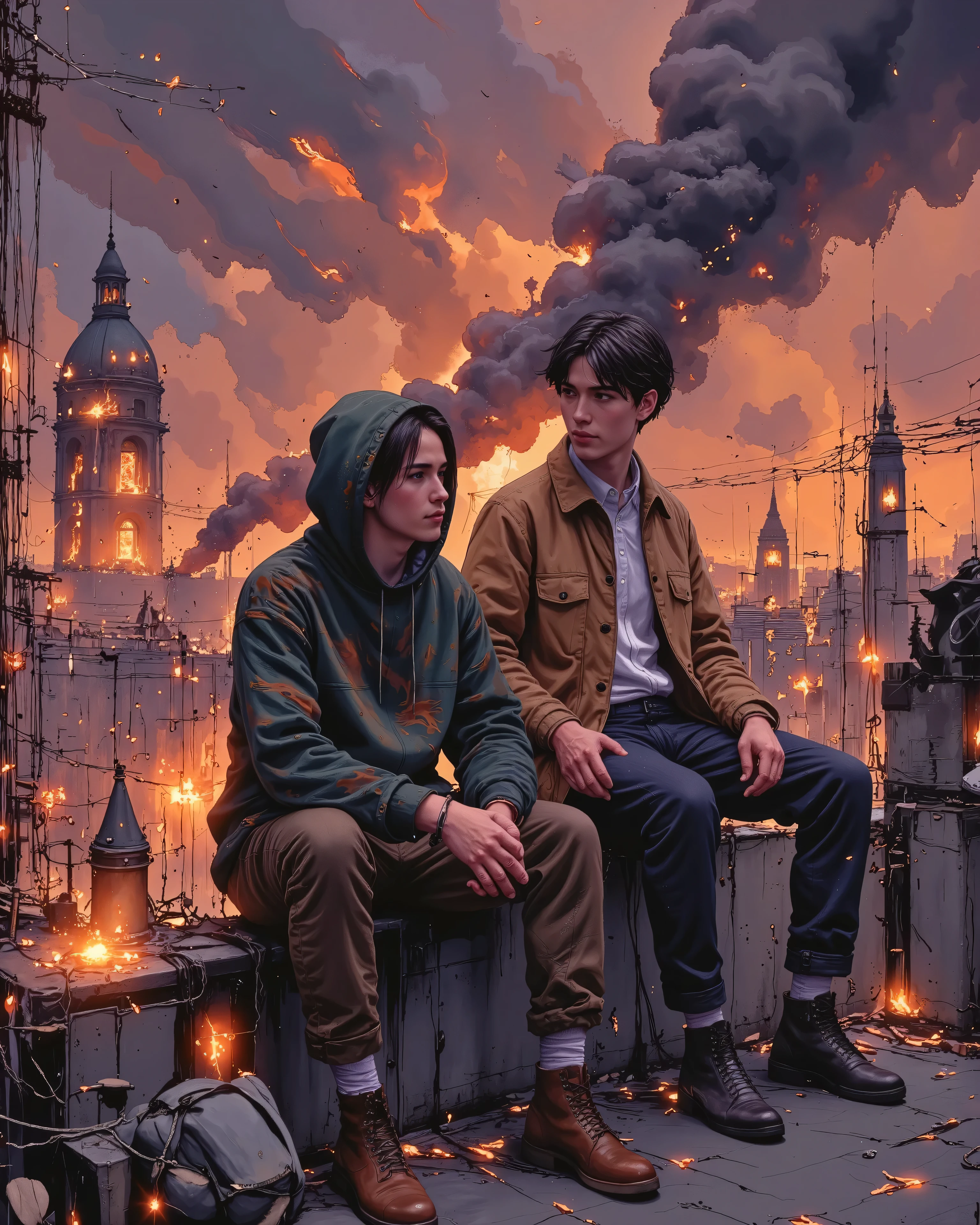 "Two young men sit on the edge of a rooftop overlooking a burning cityscape. The sky is filled with thick, orange and dark purple smoke, with embers drifting through the air. The fire reflects off the glass windows of tall buildings, casting an eerie glow over the city. The characters wear modern, slightly oversized urban clothing—one in a dark green camouflage hoodie and brown cargo pants, the other in a brown jacket and dark pants. They have relaxed but contemplative expressions, gazing at the destruction below. The scene is illustrated in a detailed anime-style with warm, dramatic lighting and a strong contrast between the fire’s glow and the darkening evening sky."