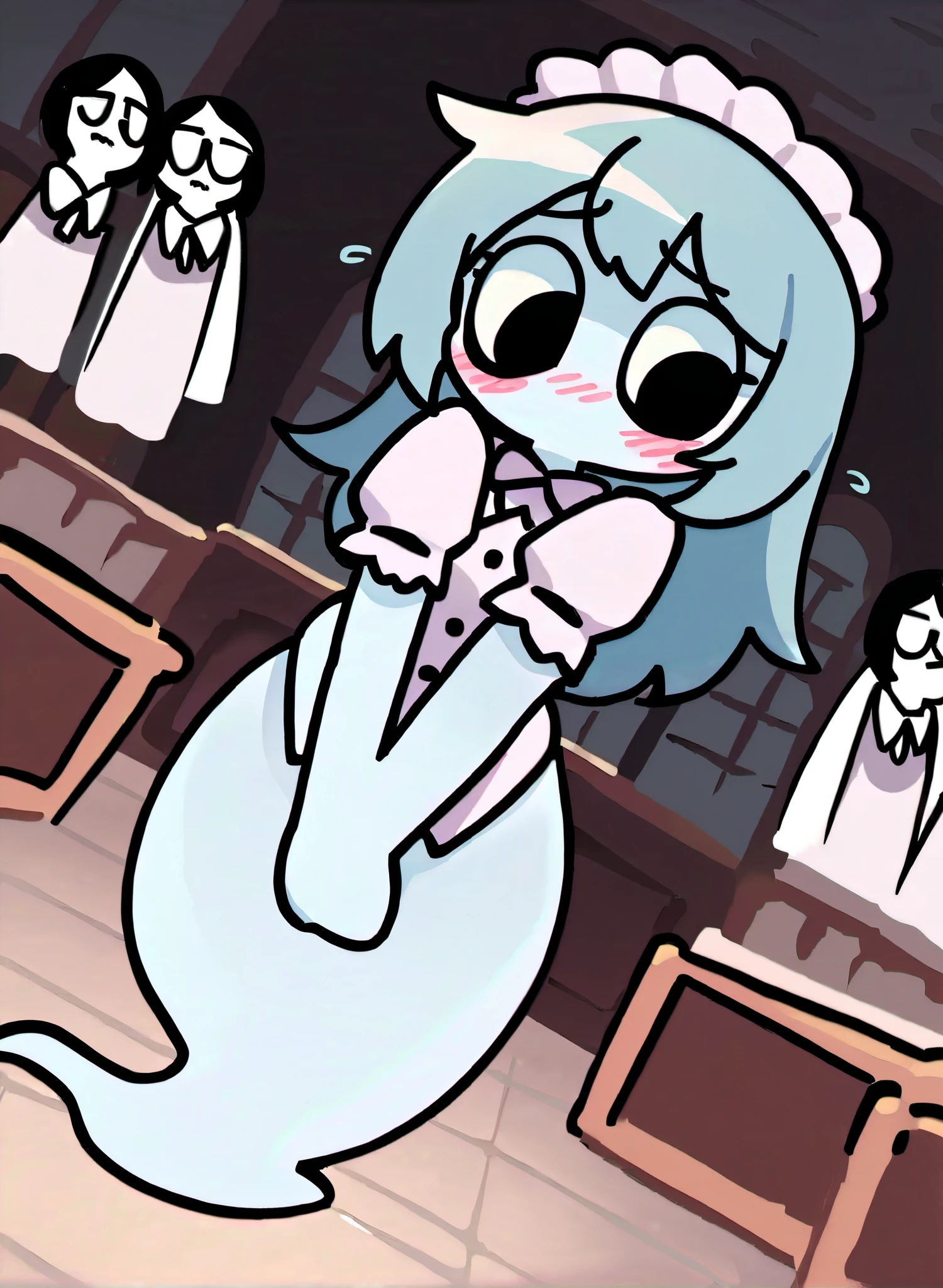 (masterpiece, best quality:1.4), fine and intricate details, high quality, very asthetic, highres, absurdres, perfect anatomy, (illustration Brushes lining),
1girl, solo, detailed shading, ((full body)),
connie, colored skin, long blue hair, swirly_eyes, black eyes, ghost tail, ghost girl, forced put_on maiden_costplay outfit, reaction expressions_situations,
shy_blush embarrassed, (haunted mansion background)