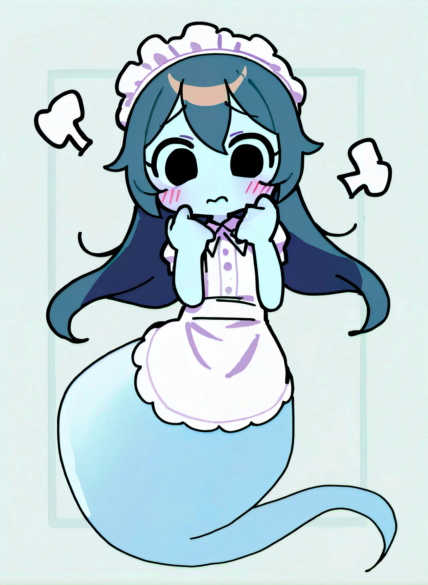 (masterpiece, best quality:1.4), fine and intricate details, high quality, very asthetic, highres, absurdres, perfect anatomy,
1girl, solo, detailed shading, ((full body)),
connie, colored skin, long blue hair, swirly_eyes, black eyes, ghost tail, ghost girl, forced put_on maiden_costplay outfit, reaction expressions_situations,
shy_blush embarrassed, (haunted mansion background)