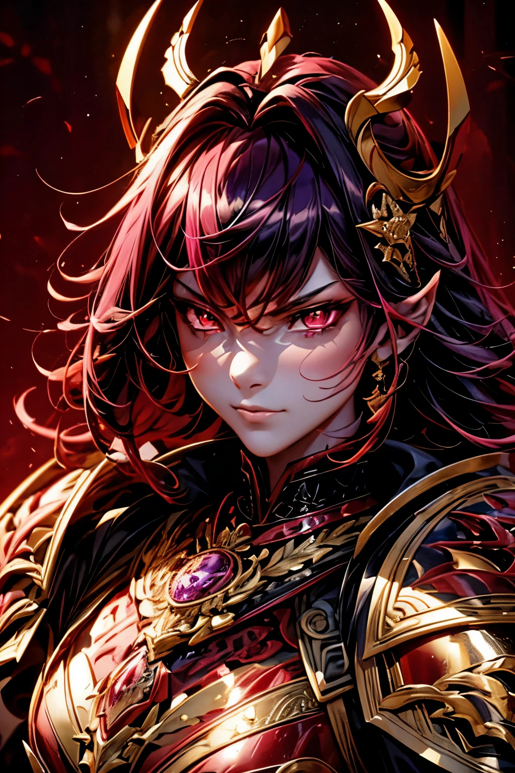 best quality,4K,high resolution),Ultradetailliert,realistisch,portrait, Lila Samurai Sukkubus mit einen katana dunkelrotem Haar, a purple-dark red armor with gold neon lights with gold trim and glowing red eyes, Leuchtende Farben, delicate features, seductive glance, Charming smile, wallende Haare, sanfte Beleuchtung