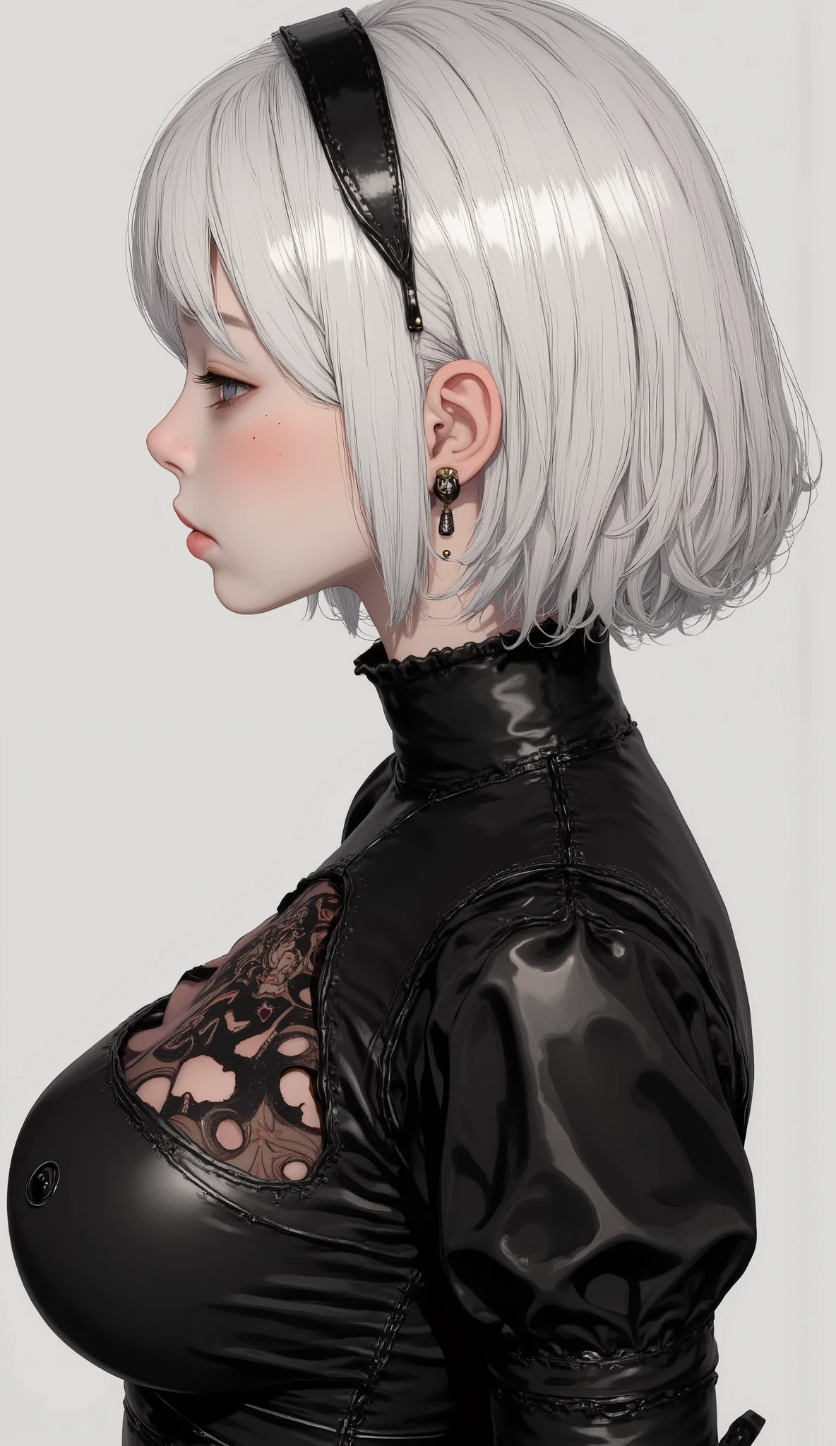 score_9, score_8_up , score_7_up , score_6_up , score_5_up ,rating_safe, source_photorealistic break {(masterpiece,best quality, 16k portrait , Ultra High Resolution, very detailed work, Elegant and beautiful face 、eye 、skin、hair)} break {(1 Yorha-woman-type ), (Pale white hair, shortcuts),(魅力的な青灰色のeye ),(前hairで左eye が隠れている),(slender body),charming lips} break {(sensual expression),profile in landscape orientation from、 looking down 、eyeを瞑る、Type 2b,black,black_ hairband ,black leather dress,Chest_ cutout ,The _ sleeve,white_hair,