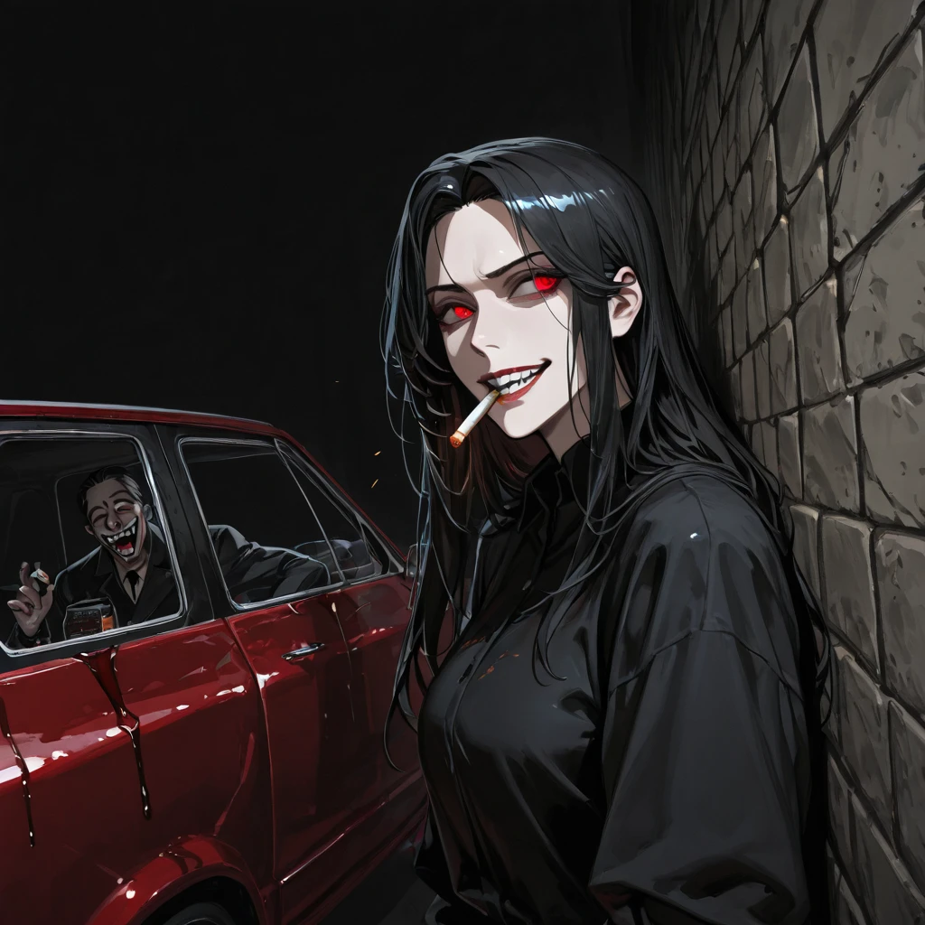 artwork, high quality, high attention to detail, High Definition, well-shaped face and body, detailed face, Women, alone, beautiful, white skin with skin tone, red pupils, long black hair, glare, serious face, fangs, whole body, natural breasts, wears a black trench coat, White shirt, Black pants, black high boots, holding two golden daggers, sitting on the hood of a luxury car, on a street with cars and people in the background 