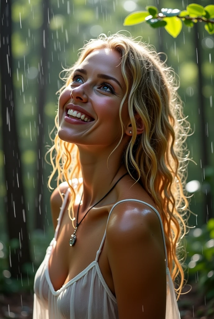 A gorgeous golden haired adult office woman, with soaking wet cotton white shirt, is walking un a torrential rain, crying in smile enjoying the freshnes of rain drops in her face, insanely detailed and intricate ultra sharp focus, bokeh