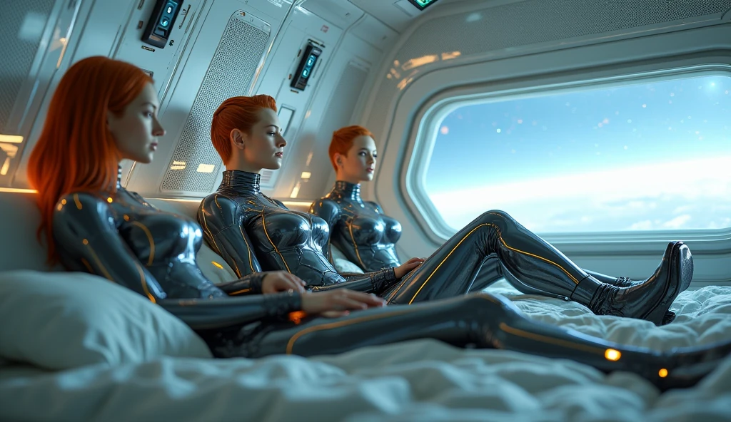 1 woman, 1 alien female in captains quarters of a space ship, large window into space behind looking out into the darkness of space. To the side is a bed covered in silk sheets. The woman looks like a super model, blonde and red hair. human is wearing a skin tight white futuristic flight suit. next to her is a scantily clad alien female withred hair .Cyberpunk aesthetic. . There is a realistic female sex android stood in the corner. Access ports in the thong and bra. Cyberpunk. Augmented technology, crotch of the thong is glowing. The alien with red hair is lying on the bed. UHD. Both bodies slim, toned pert small breasts.