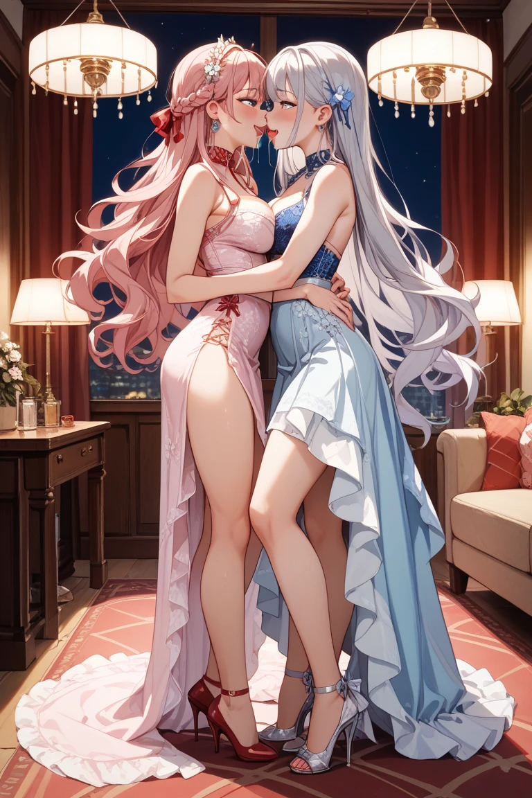 A pink haired woman with violet eyes is hugging a white woman with blue eyes in gowns in a celestial palace