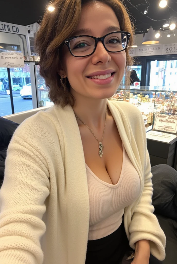 beautiful mature woman taking realistic selfie in a shopping mall, high quality background