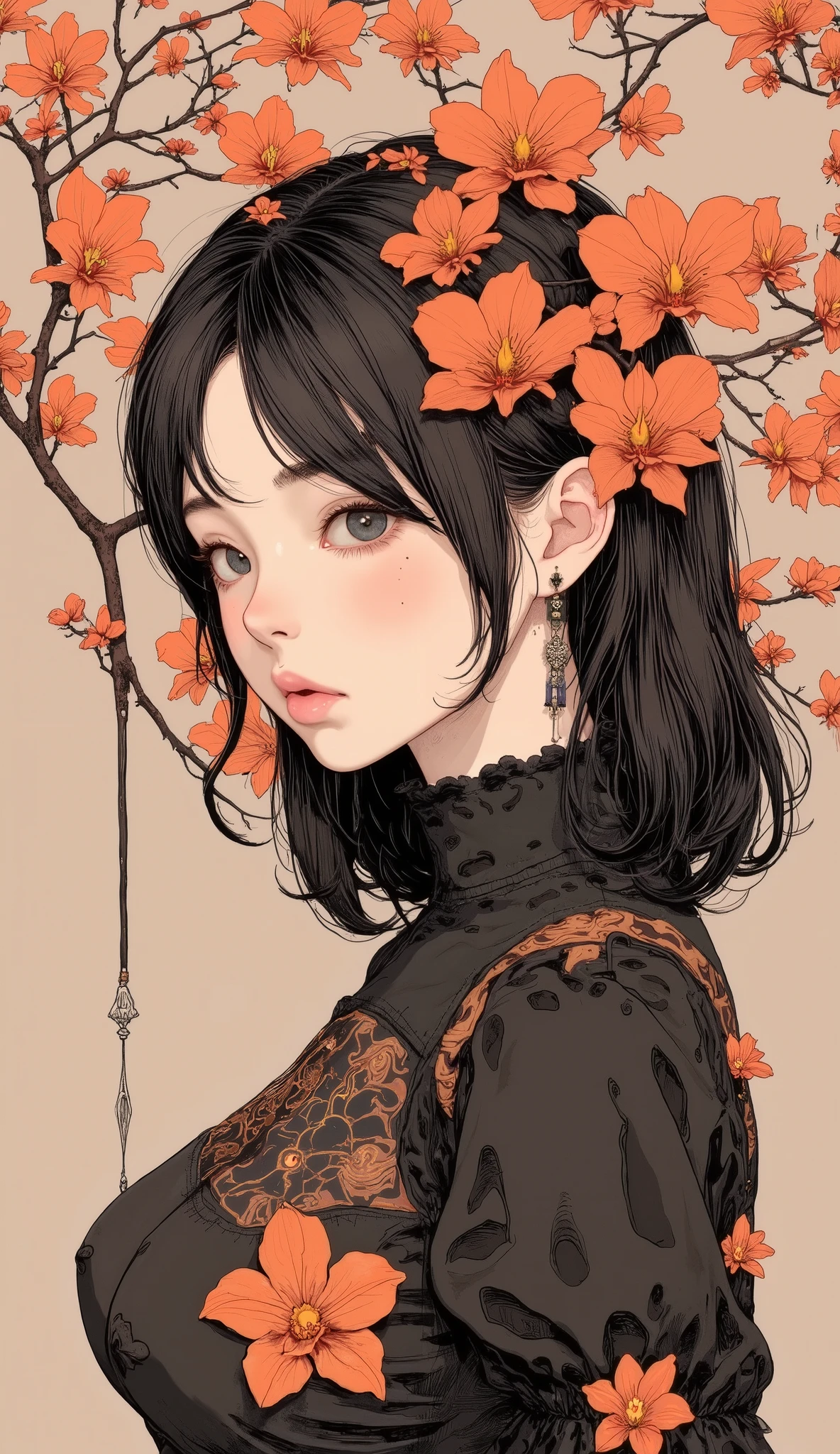 Anime images of girls, Orchid Decorations,Retro anime , Showa Retro,animes, Orange print , Very Very High Quality Pictures , satoshi kon style ,anime animation cell, フィルノートとジェームズジーン , anime painting, Matsumoto Taiyo FAN ART , High definition paint , Matsumoto Taiyo Inspiration, High Angle Closeup , anime, Minimalism