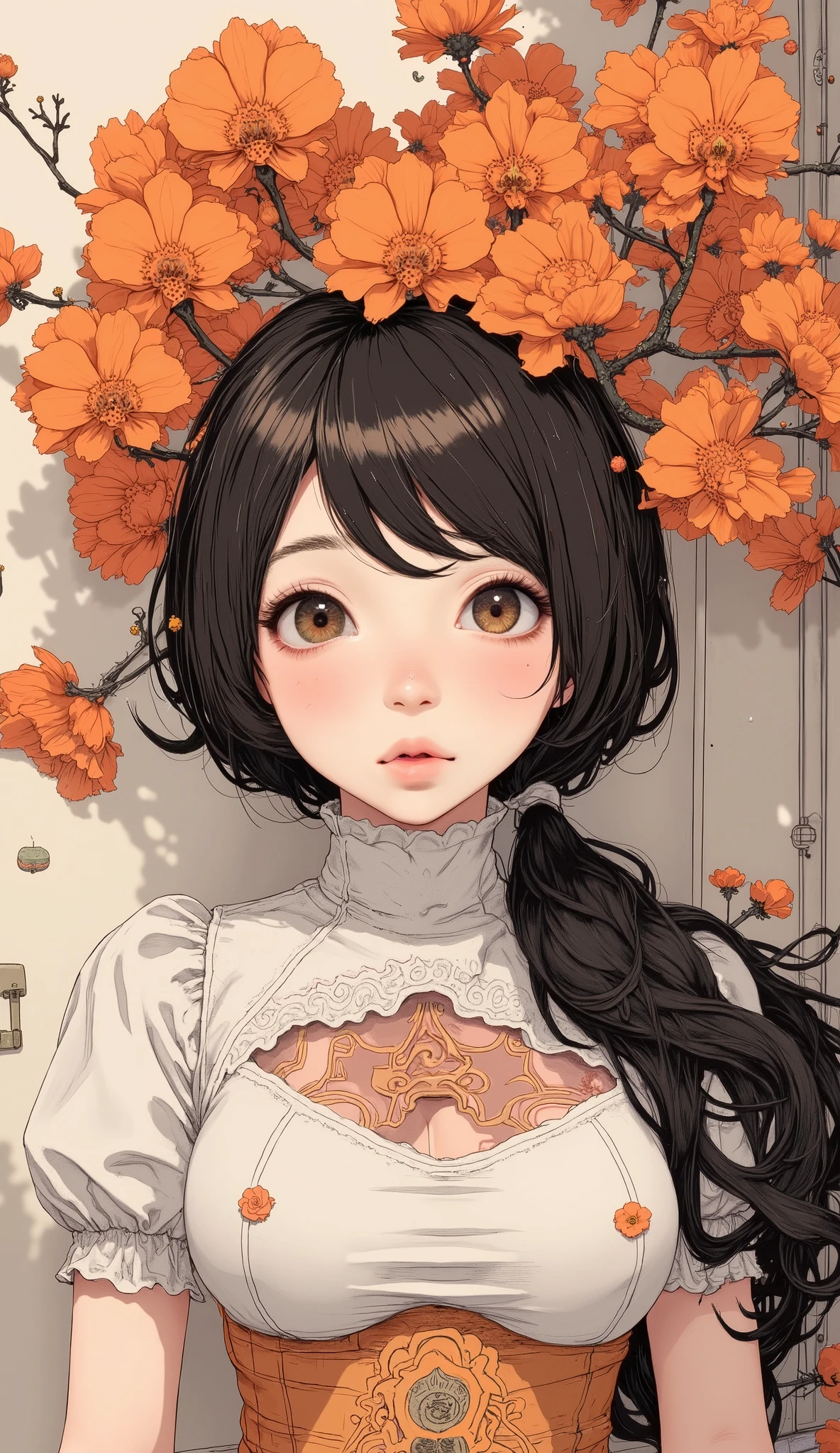 Anime images of girls, Orchid Decorations,Retro anime , Showa Retro,animes, Orange print , Very Very High Quality Pictures , satoshi kon style ,anime animation cell, フィルノートとジェームズジーン , anime painting, Matsumoto Taiyo FAN ART , High definition paint , Matsumoto Taiyo Inspiration, High Angle Closeup , anime, Minimalism