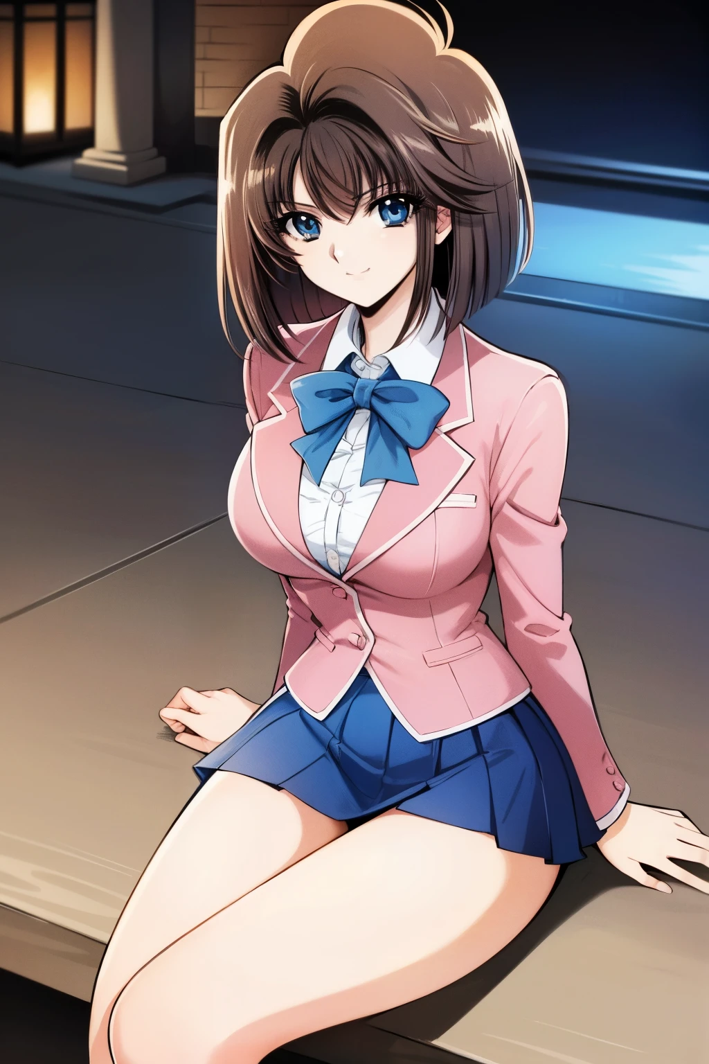 1990s \( style\), 1990s anime cels style, Top Quality , ( big eyes:1.2), 1 girl, , is embarrassing, smile,Big Breasts:1.2), score_9, score_8_ up , score_7_ up 、 masterpiece、 Top Quality, perfect face, 8k, 1 girl, detailed eyes、 beautiful、 detailed background,, full shot,short bob, blunt bangs, Blue Eyes,school uniforms, , pink jacket, blazer, Long Sleeve, white blouse,blue skirt, tight skirt, super miniskirt,pleated skirt, ,slender,busty,viewers next to him、smile,enchanting gaze 、(outdoor) night view,flirty pose,Lower body view, beautiful thighs,full view panties, string panties, open legs, from front, sitting