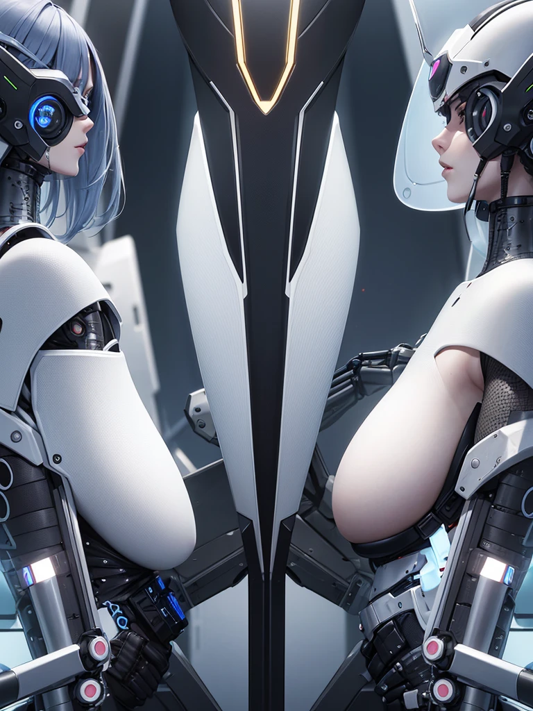 Two women wearing futuristic clothes standing side by side, biomechanical OPPEIN, OPPEIN cyberpunk, Focus on two robots, Internet litigation, Beautiful sci-fi twins, female body, Digital Cyberpunk Animation Art, Perfect anime robot woman, female robot body, OPPEIN, Perfect Android Girl, Popular topics on cgstation, cute robot girl