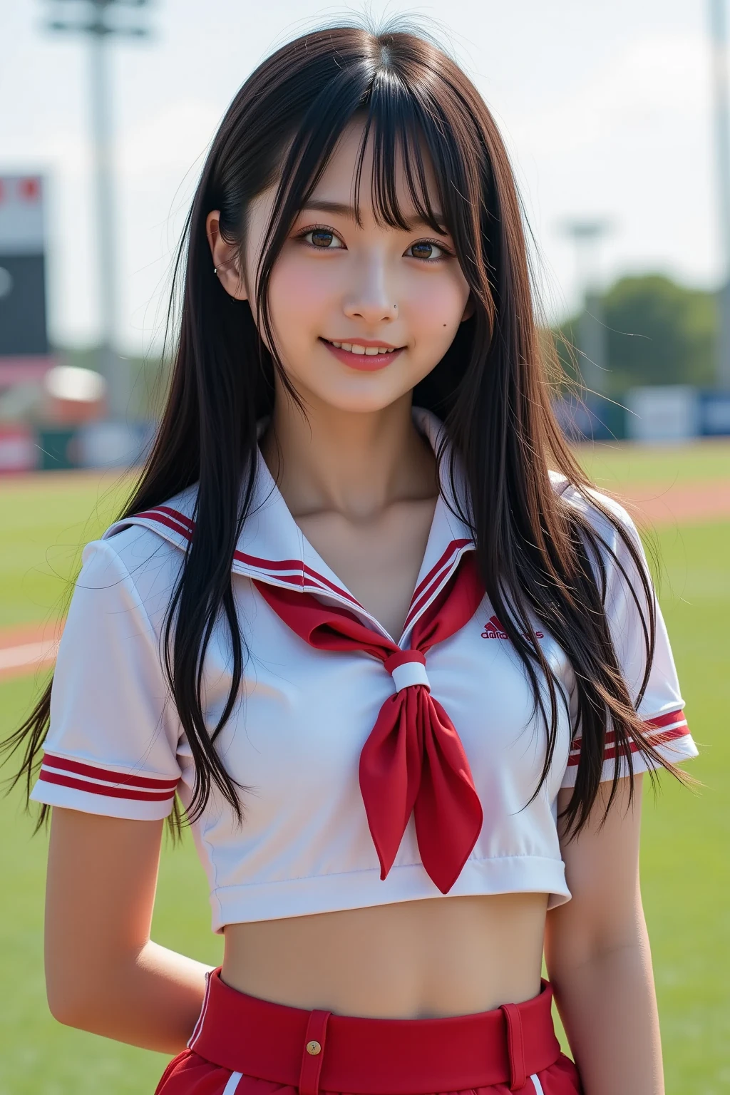 アイドルのようにvery cute、Cute and adorable、16歳のYoung faceに見える18歳の少女, Young face、very cute、Smiling Kindly、Cheerleader、The uniform is a bikini type.、Showing her breasts、Nipples are visible、Sitting on one's knees in the schoolyard、whole body像、whole body、 Natural light、Accurate、Anatomically correct、Textured skin、Super Detail、 Attention to detail、highest quality、High resolution、Real、realism、Raw photo、Genuine、masterpiece