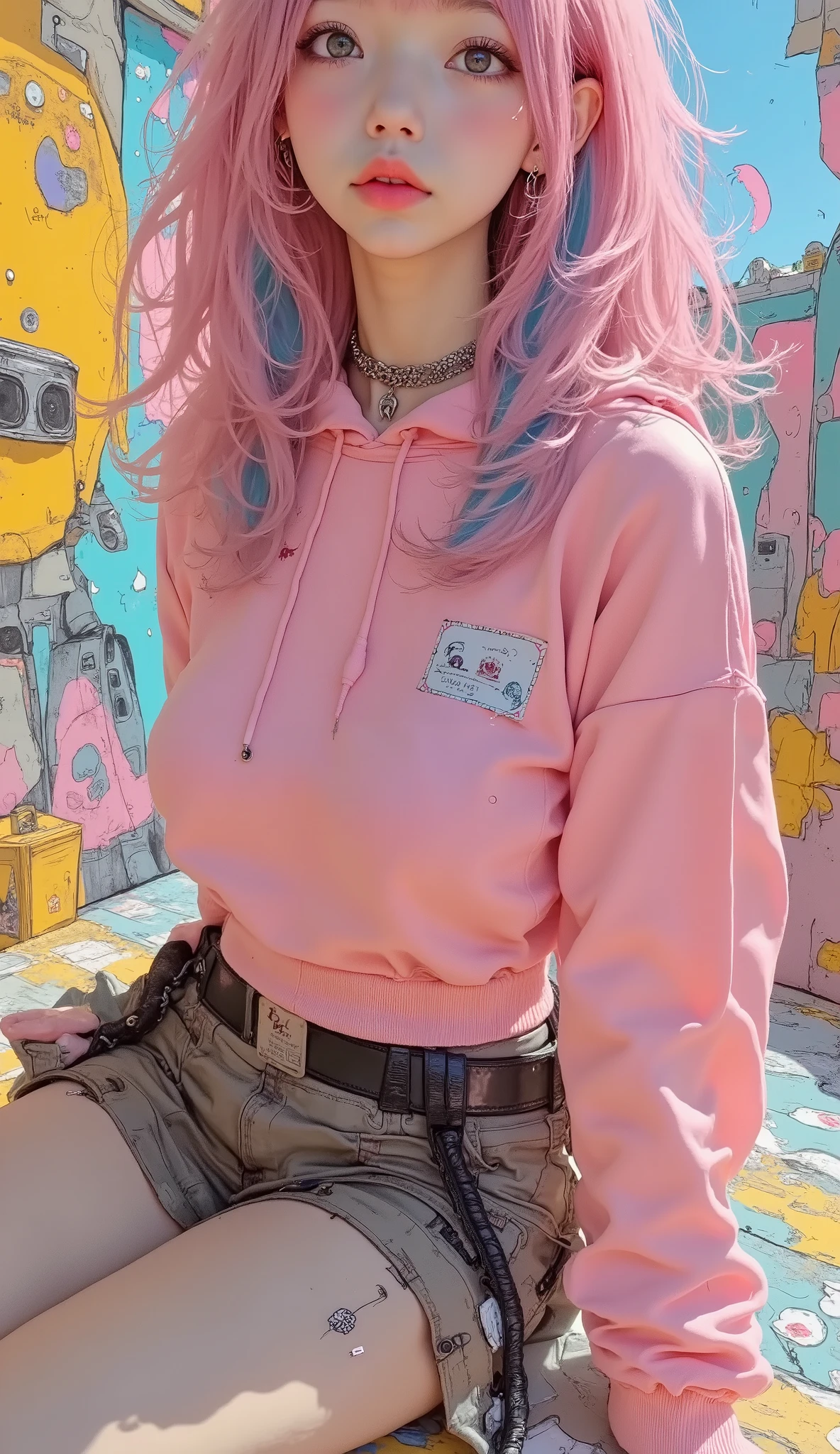 taken from below、fisheye lens、8k, masterpiece, Top Quality, Beautiful High Girls by Yoshitomo Nara , vibrant, colorful hair dye , pink and blue hair with a beige edge mule , bright pink hoodie , Graffiti Background, urban street art , yellow abstract design , turquoise wall , silver chain necklace, Like々Nice style , Confident Pose , Vivid Colors, Artistic Expression, high contrast, sharp concentration, natural light,