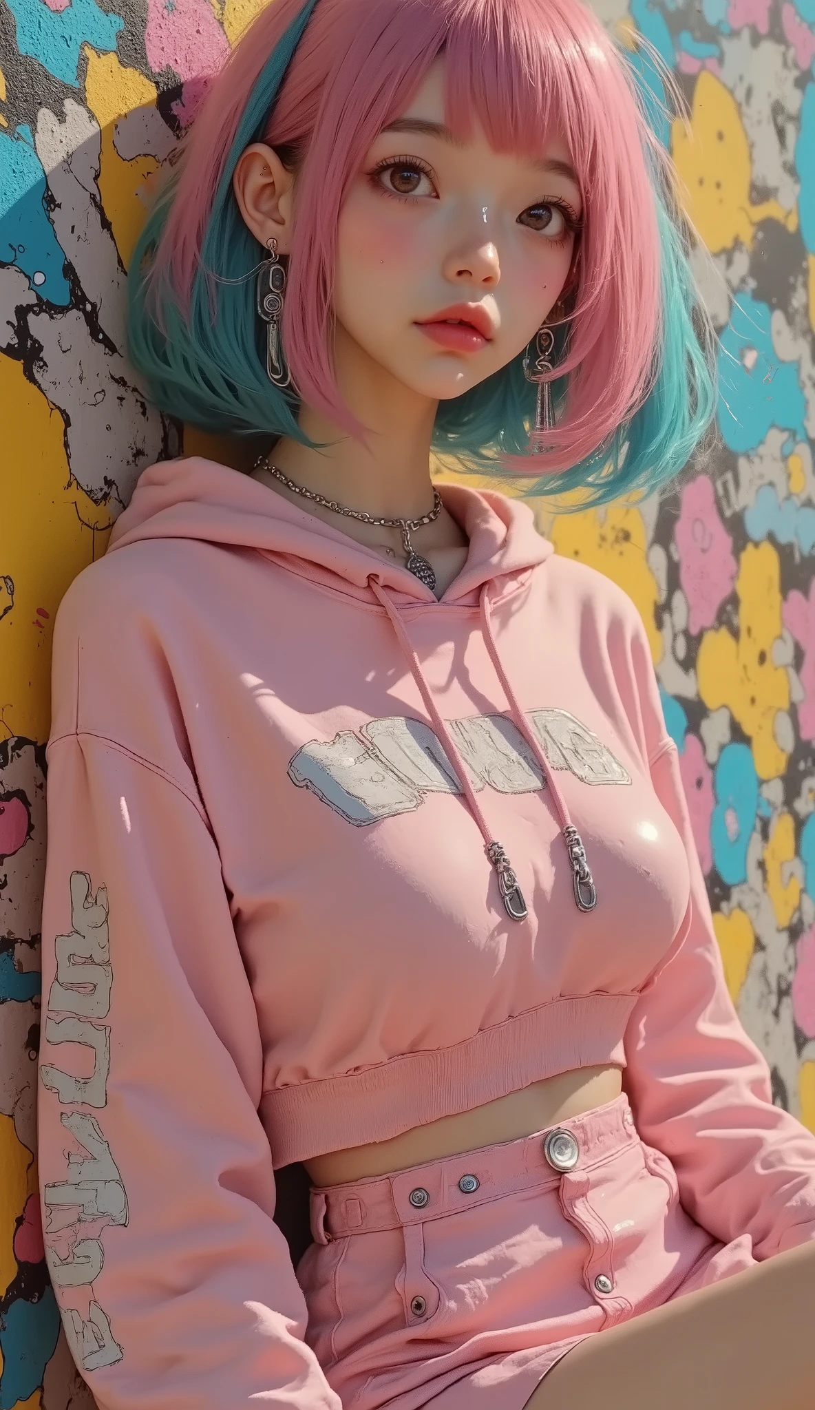 taken from below、fisheye lens、8k, masterpiece, Top Quality, Beautiful High School Girls by Yoshitomo Nara , vibrant, colorful hair dye , pink and blue hair with a beige edge mule , bright pink hoodie , Graffiti Background, urban street art , yellow abstract design , turquoise wall , silver chain necklace, Like々Nice style , Confident Pose , Vivid Colors, Artistic Expression, high contrast, sharp concentration, natural light,