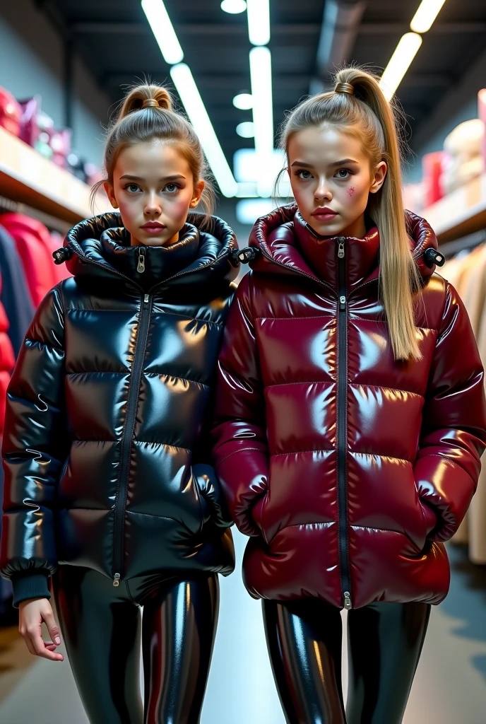  a slim ponytail 16 year old girl and her bestie walking in a pufferstore,beautiful detailed eyes,beautiful freckles,beautiful detailed lips,extremely detailed eyes and face,longeyelashes, wearing beautiful detailed full length hood covering her head formfitting duvetica overfilled shiny super gleamy super thick glossy puffer vest covering over her  super padded  high-collared pufferjacket, shiny latex  leggings,symmetrical,masterpiece,cinematic,lifelike,hyperrealistic,8k,photorealistic,highly detailed,intricate,exquisite,elegant,beautiful,stunning