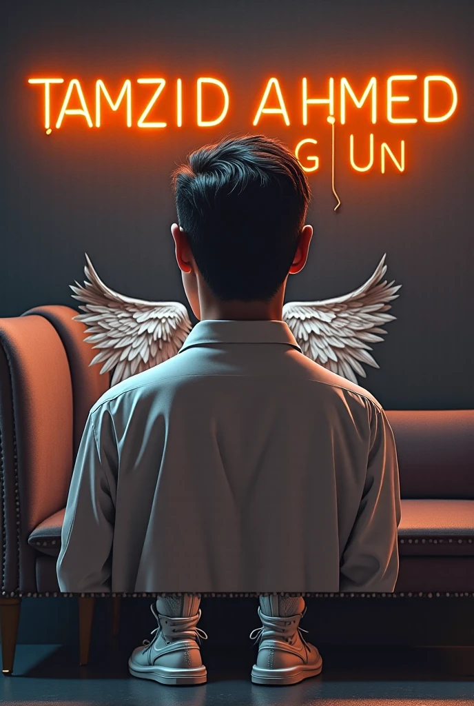Create a 3D illusion picture where a boy in a black shirt he looks ahead. The background features "sudhanshu in big and capital white fonts on the black wall. There should not be his shadow, and there are wings to make it appear as if he is an angel 12.52