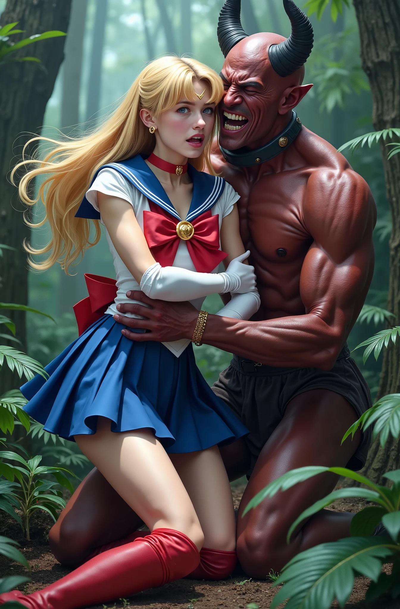 Hyperrealism, masterpiece, highest quality, A young Japanese woman is sitting on the devil lap, ((she is crying and screaming in pain)), tears from her eyes, painful face, she is wearing a Sailor Moon costume, Blue sailor collar, Blue short mini pleated skirt, she is wearing pleated skirt, blue pleated skirt, Long white gloves, shiny beige color pantyhose, red high boots, Exposed thighs, red long boots, big choker, long blonde Hair, a devil is kneeling sexual assault her, the devil is hugging her tightly and touching her leg, the girl push his hand out, in the jungle,