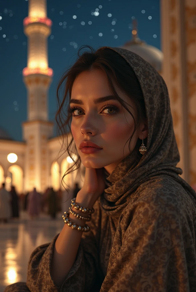a beautiful turkish woman is standing near istanbul sultan ahmed mosque, bokeh, highly detailed