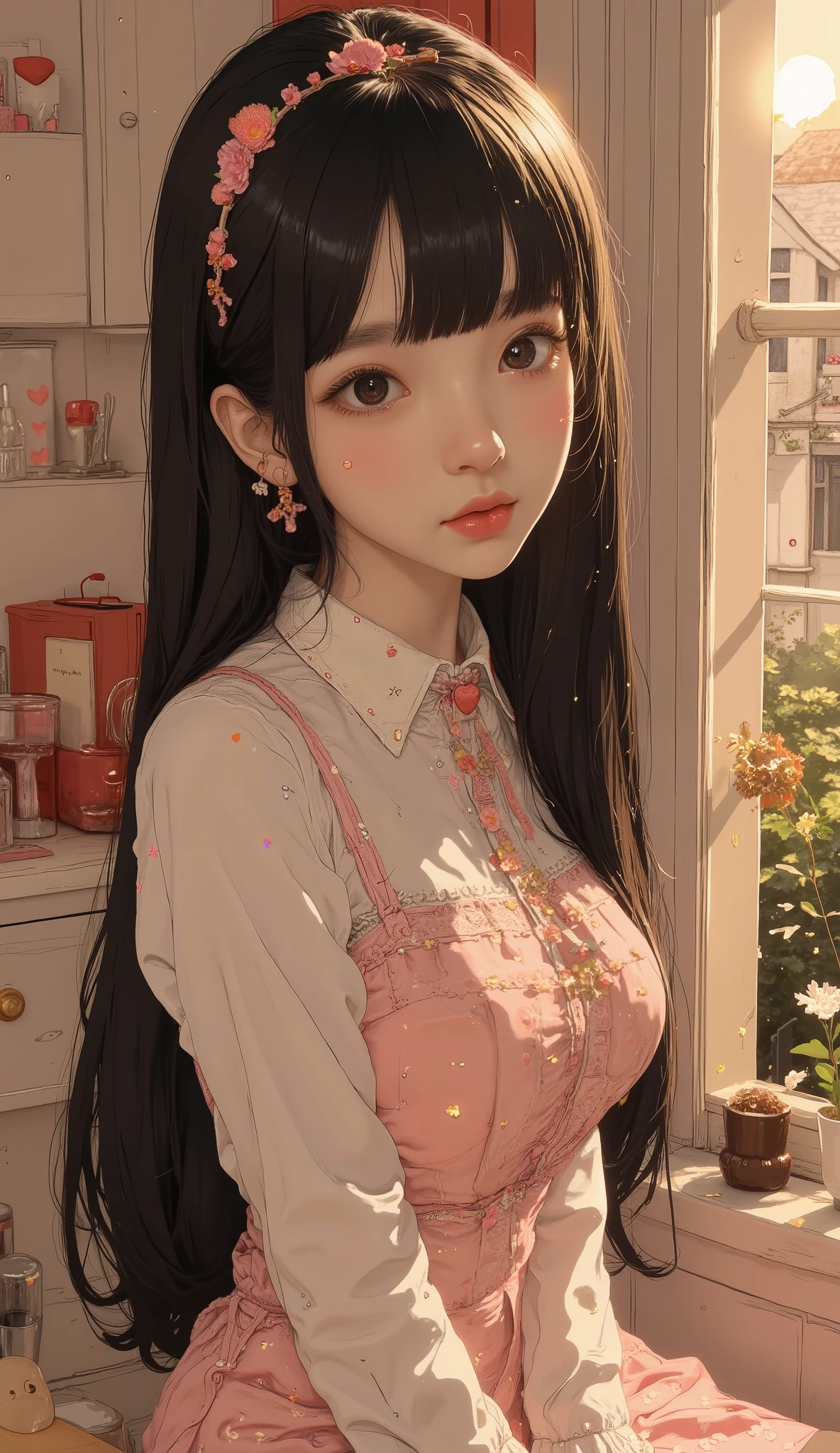 Top Quality, masterpiece, girls, dark-haired, dark eyes, Home, the sun shines, Shiny Skin, Solar flare, eat chocolate , Valentine's Day,