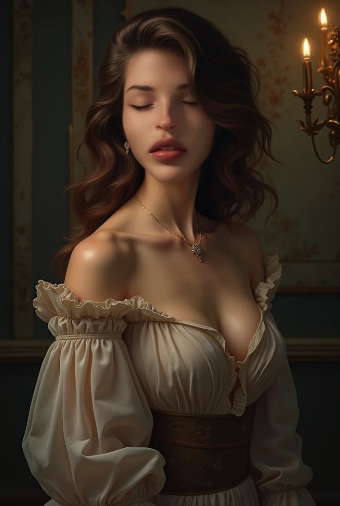 a beautiful detailed girl with soft features, relief and admiration expression, listening intently, faint smile, detailed face and eyes, long eyelashes, oil painting, photorealistic, 8k, hyper detailed, masterpiece, serene mood, warm lighting, atmospheric