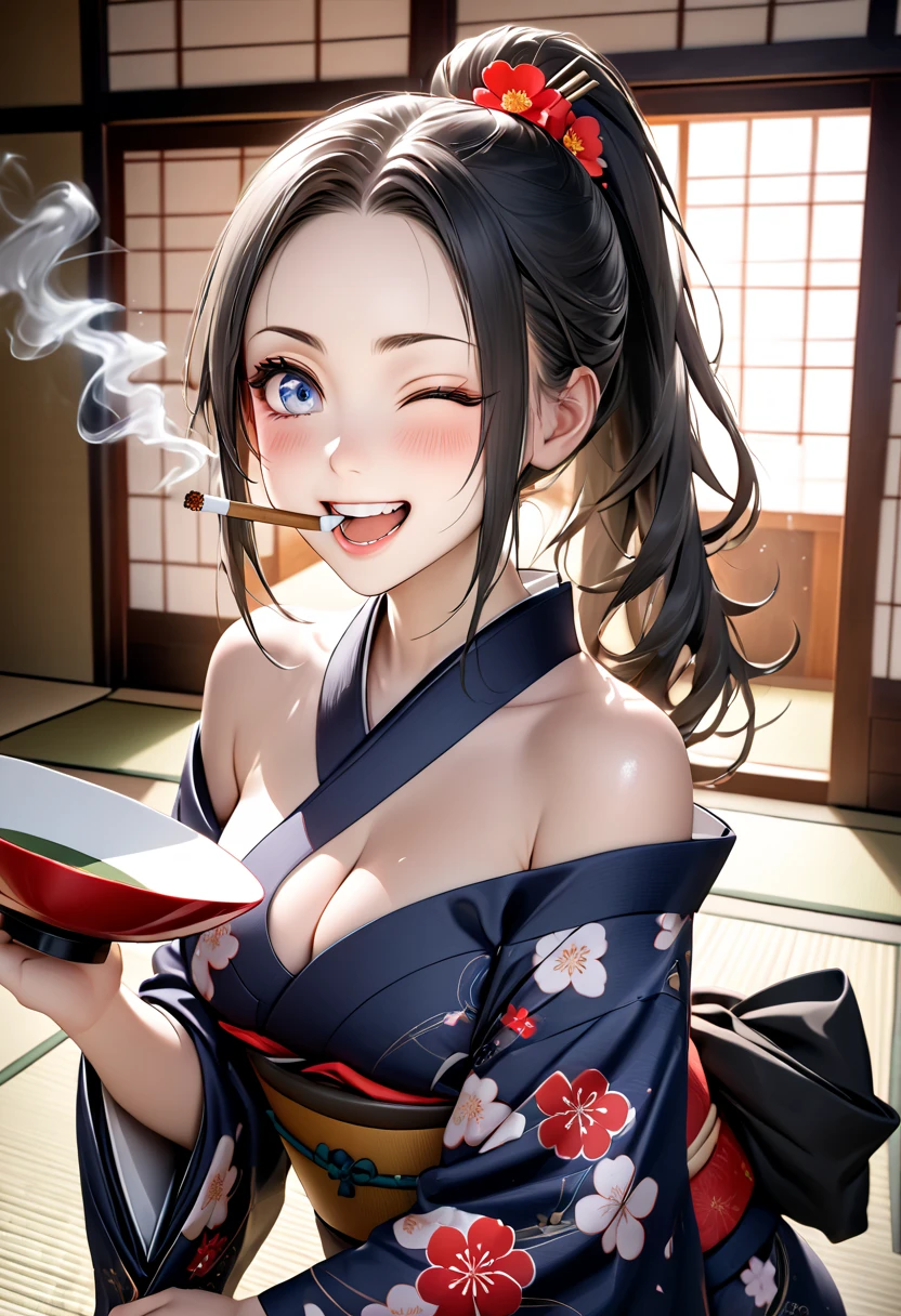 1 girl, eating Japanese hotpot dishes , character focus, close to viewer,upper body, from above,kimono, smile , high resolution,(incredibly absurdres), (hires.fix:1.3),anime visual,extremely detailed CG unity 8k wallpaper, ((masterpiece)), ((top-quality)), (beautiful illustration,background Tento), ((an extremely delicate and beautiful))