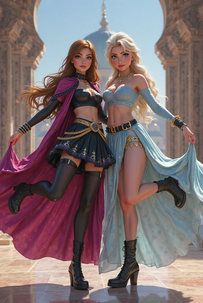 ((Full body photo, standing, feet on the ground)) score_9, score_8_up, score_7_up, score_6_up, 30 years old, 2girls, gladiator sandals, elsa (blonde hair, braids, leggings and crop top: 1.2) and anna (brown hair , braided braids, princess dress: 1.3), dimly lit dungeon, (tied, tied, hands above head, connected to rings on wall: 1.4), rope, red faces, (cinematic lighting: 1.4 ).
