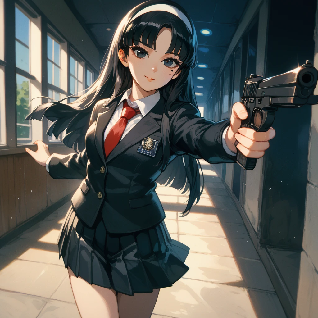 トップクオリティ, 1人の女の子, solo,kwkm, black eyes, black hair, long hair, blunt bangs, parted bangs, white hairband, mole under eye, school uniform, red necktie, black jacket, black skirt, pleated skirt,shooter,holding gun with both hands,