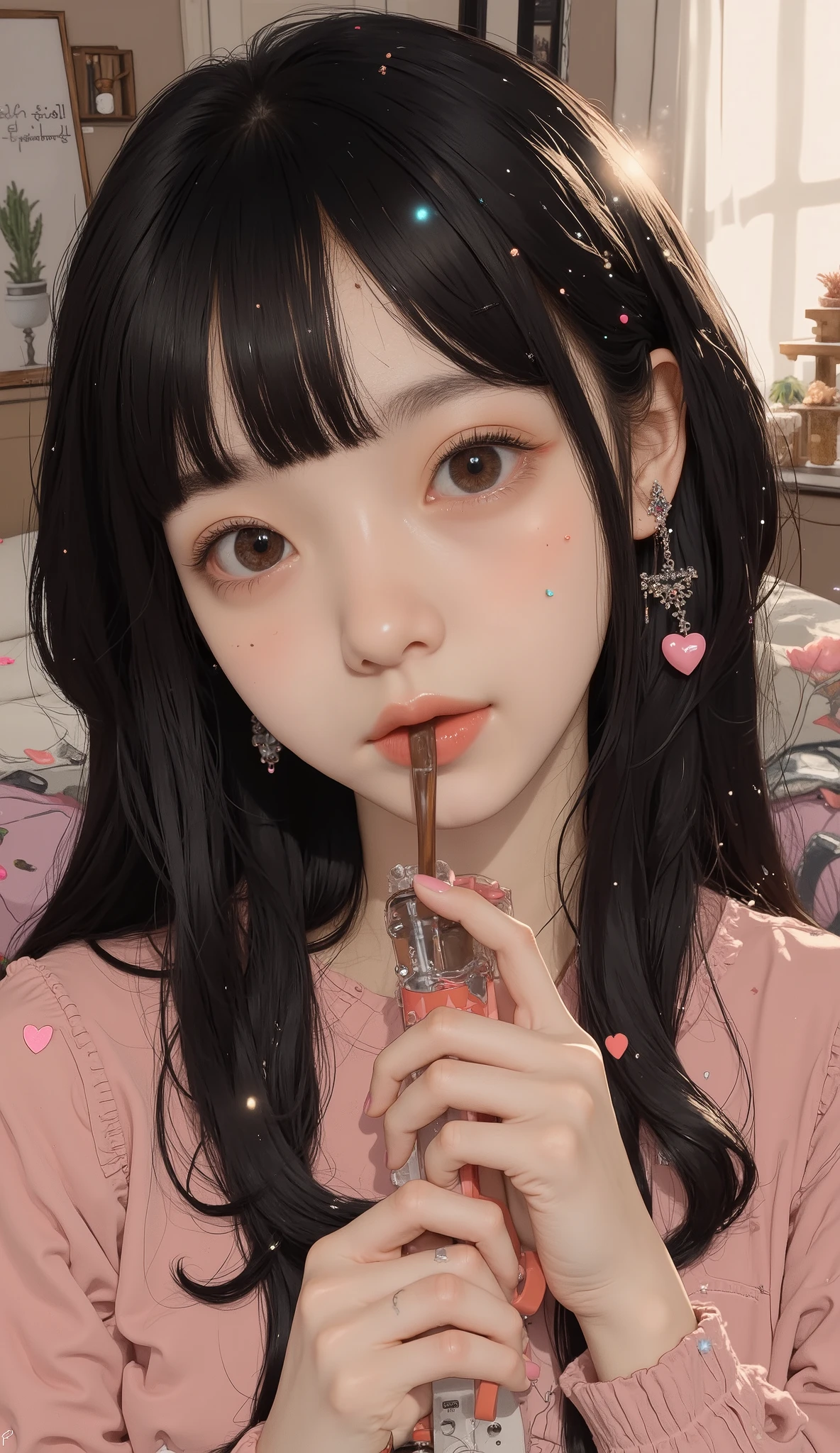 taken from below、fisheye lens、Top Quality, masterpiece, girls, dark-haired, full bangs、 dark eyes, Home, the sun shines, Shiny Skin, Solar flare, eat chocolate , Valentine's Day,