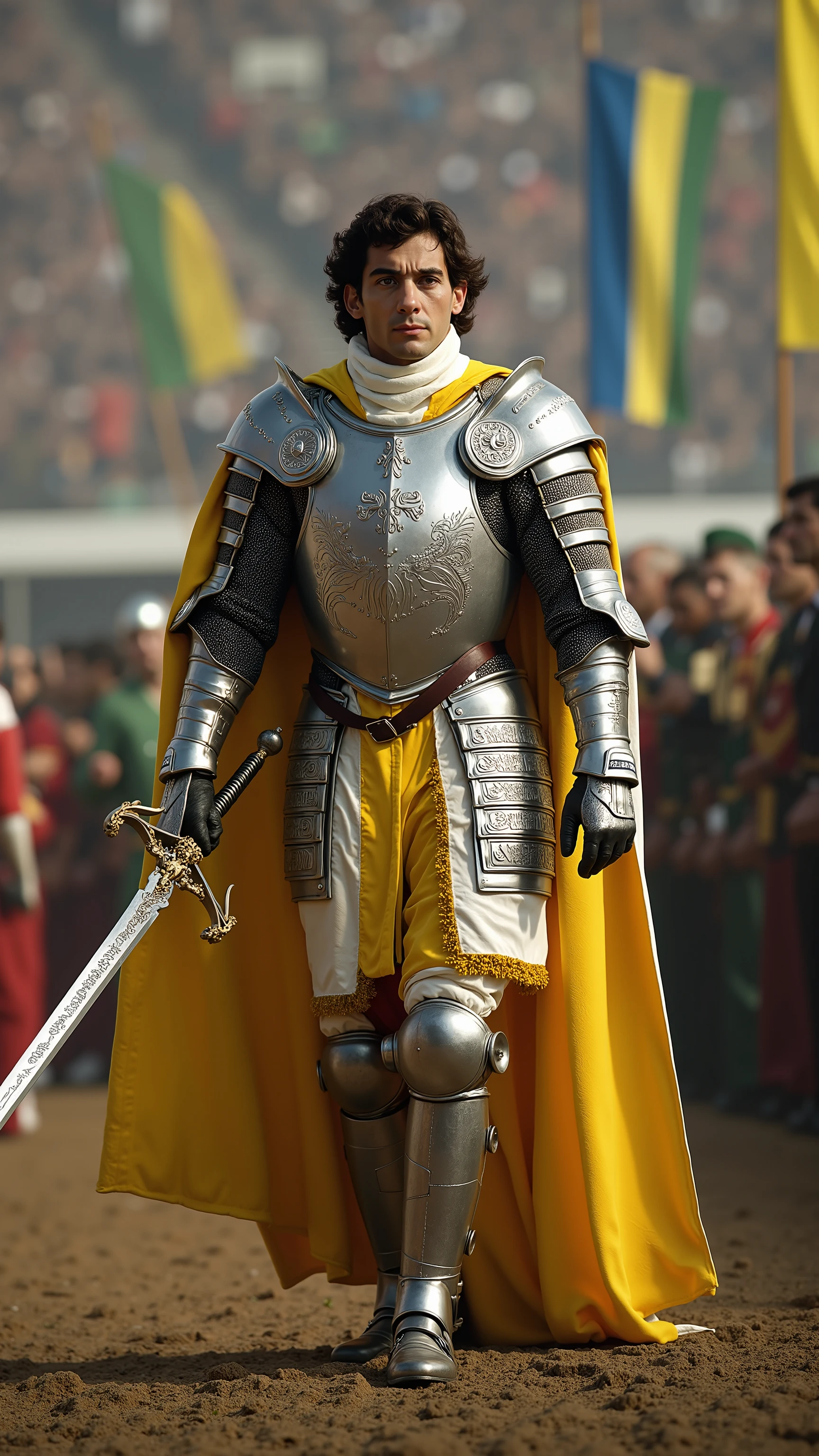 Ayrton Senna reimagined as a knight walking and holding a sword、dramatic atmosphere, 1 male、
He has wavy, dark brown hair that frames his sharp, contemplative features. His deep brown eyes hold a focused and thoughtful gaze, embodying the spirit of a true champion and strategist.
He wears a suit of elegant silver and gold armor with vibrant yellow accents. His breastplate is adorned with intricate engravings of laurel wreaths and subtle lightning motifs, symbolizing his speed and precision. The pauldrons are shaped like aerodynamic curves, reflecting his mastery of smooth and calculated maneuvers. Beneath the armor, he wears a tailored white tunic with golden embroidery, adding a sense of regal sophistication to his appearance. His arms are protected by silver vambraces with delicate, fluid designs, and his gloves are stitched with fine gold thread. His fauld is crafted from overlapping silver plates with yellow trim, providing both flexibility and protection. His greaves and sabatons are polished to a mirror finish, enhancing the overall look of his armor. Draped over his back is a bright yellow velvet cape, lined with white silk, fastened with a golden brooch shaped like a racetrack chicane.
In one hand, he holds a finely crafted silver sword with a hilt wrapped in white and gold leather. The blade is engraved with subtle runic patterns and symbols of victory.
The background features a grand tournament ground filled with onlookers. Noblemen and commoners alike watch eagerly from the stands, waving banners in green, yellow, and blue—colors. Knights prepare for competitions.
Shows his male character's full figure, athletic body, perfect face, full body, extremely beautiful, male shape, perfect anatomy, photorealistic, masterpiece, realistic, high contrast, 8k, HD, high definition detailed, detailed, hyper detailed, realistic skin texture, best quality, ultra high resolution, hyper realistic, no text, very detailed eyes, dramatic lighting