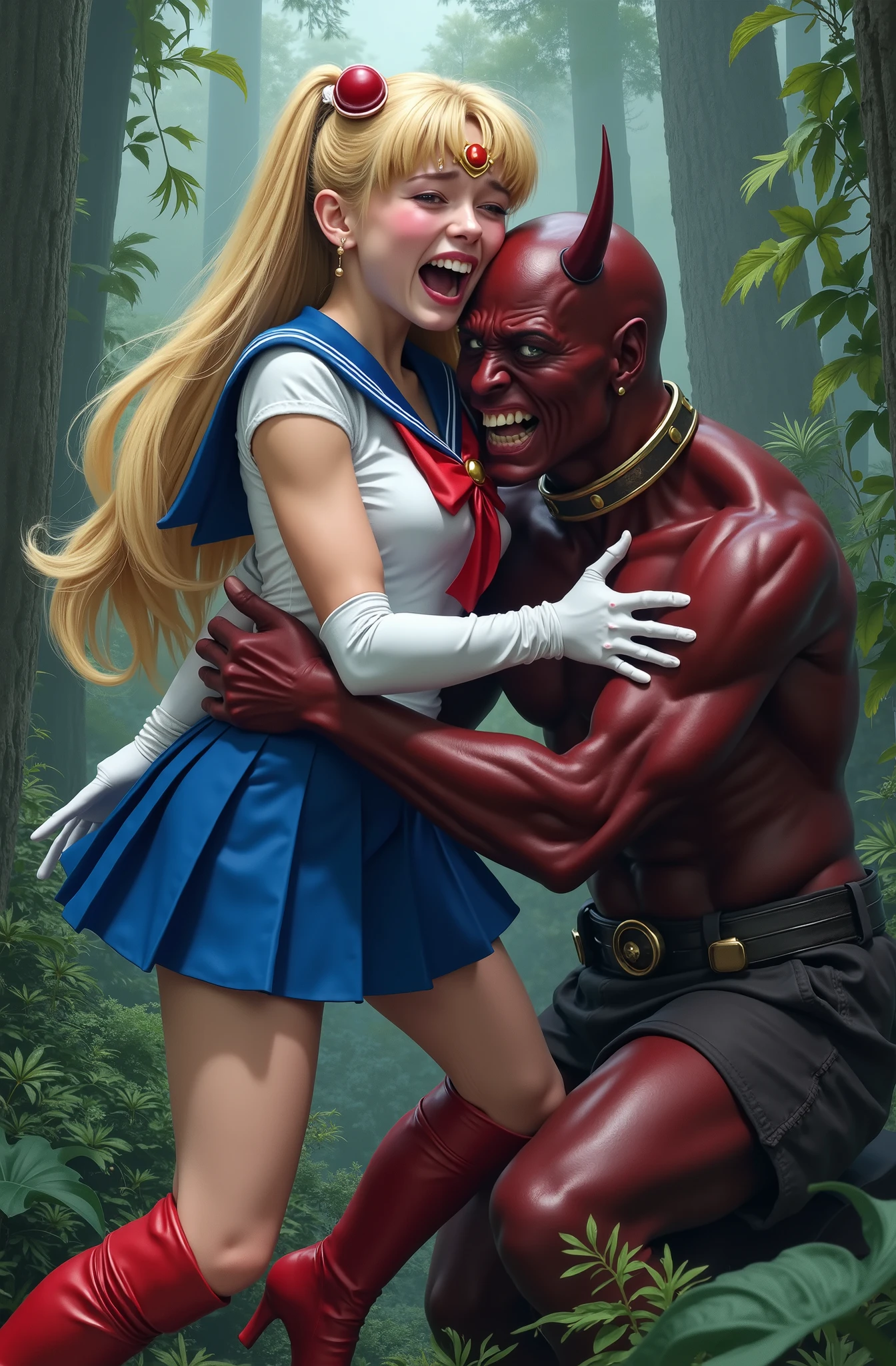 Hyperrealism, masterpiece, highest quality, A young Japanese woman is sitting on the devil lap, ((she is crying and screaming in pain)), tears from her eyes, painful face, she is wearing a Sailor Moon costume, Blue sailor collar, Blue short mini pleated skirt, she is wearing pleated skirt, blue pleated skirt, Long white gloves, shiny beige color pantyhose, red high boots, Exposed thighs, red long boots, big choker, long blonde Hair, a devil is kneeling sexual assault her, the devil is hugging her tightly and touching her leg, the girl push his hand out, in the jungle,