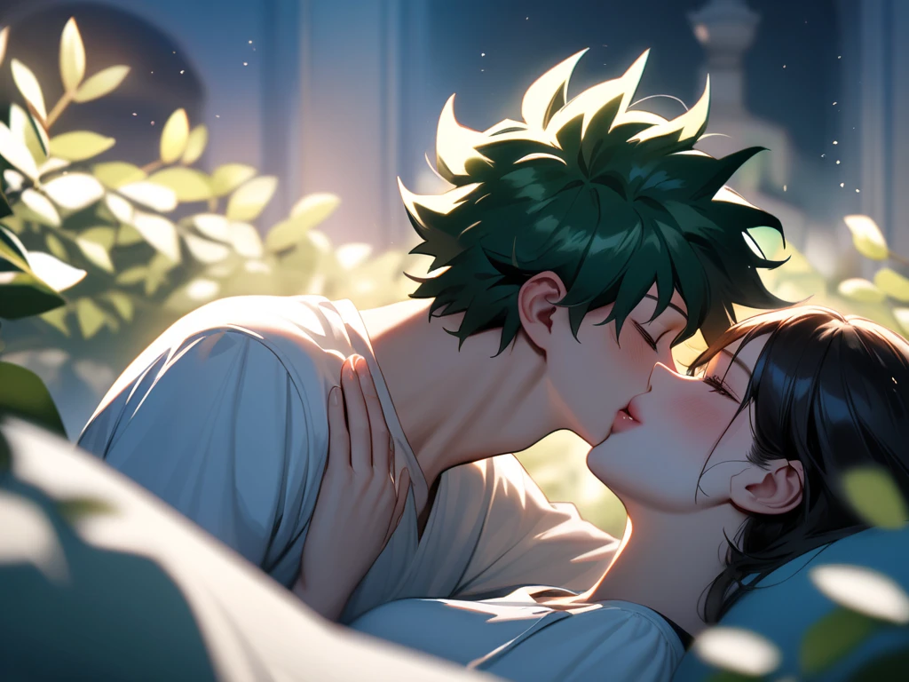 inko midoriya, deep kiss, french kiss, embrace, romantic, hot, hot kiss, mature, mother and son, older female and younger male, older woman and younger man, izuku midoriya, seen from side, side view, back view, from ground view, ground level shot, tilted camera, tilted shot, seen from below, seen from back, diagonal, balcony, colorful lighting, mature female, young male, athletic male, beautiful night, detailed eyes, detailed face, detailed outfit, visual novel, photorealistic, hyperrealism, green hair, green eyes