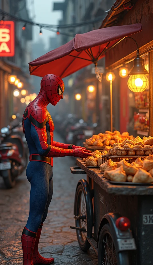 Spider-Man in his 2022 film style, with a slightly weathered but high-tech suit, is seen running a street food stall in the middle of a busy Bangkok street. His stall is filled with ingredients and equipment for making Thai 'อาหารตามสั่ง' (custom-order food), including woks, fresh vegetables, and spicy sauces. The scene around him feels like a modern movie set, with detailed backgrounds showing iconic Bangkok landmarks, neon signs, and speeding motorbikes. Spider-Man is focused on cooking, flipping food in a wok while interacting with customers in a mix of humor and action, like a scene from a blockbuster film.
