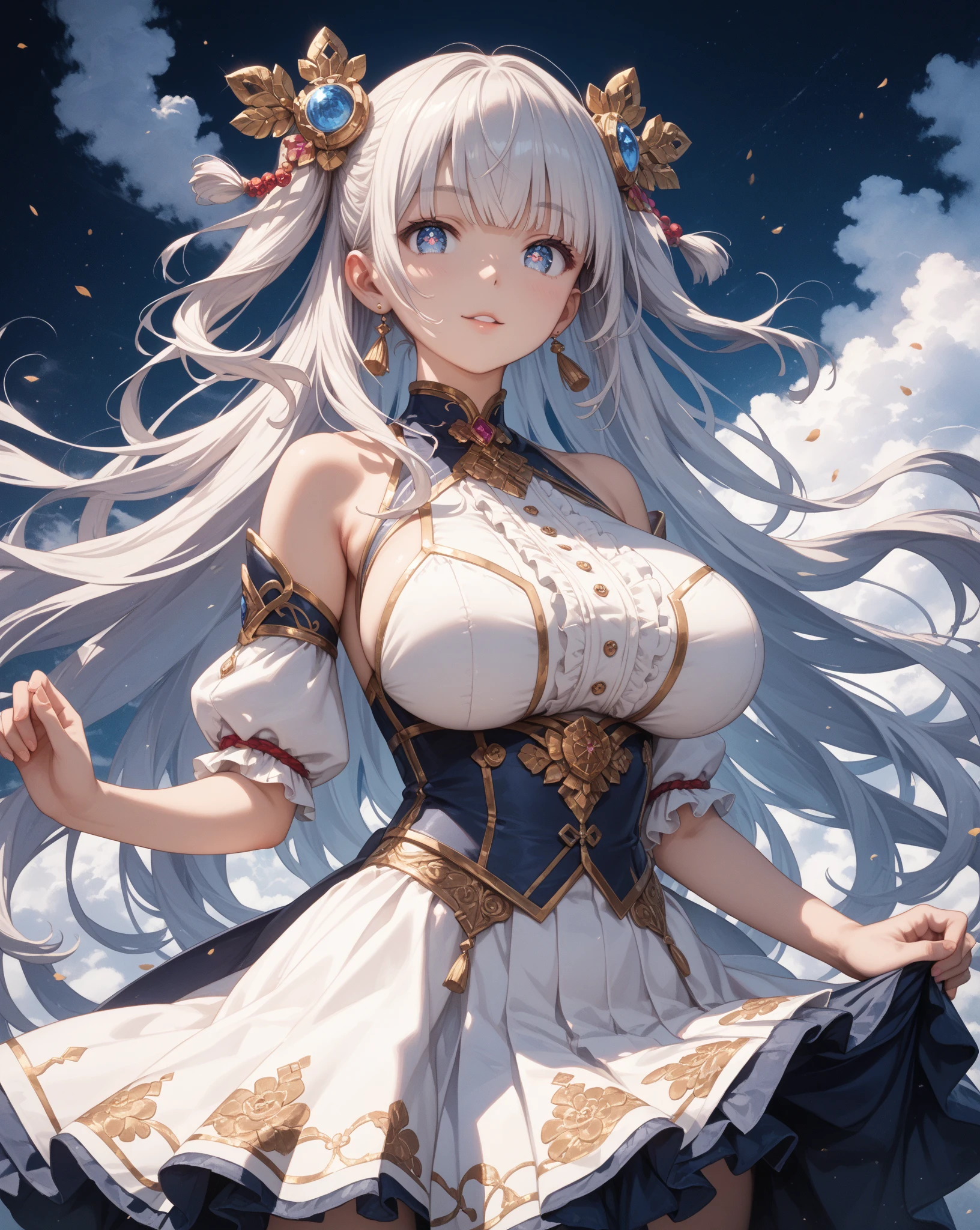 Silver-haired adult woman with huge breasts，greek clothing，Bare arms，skirt，thigh，white palace