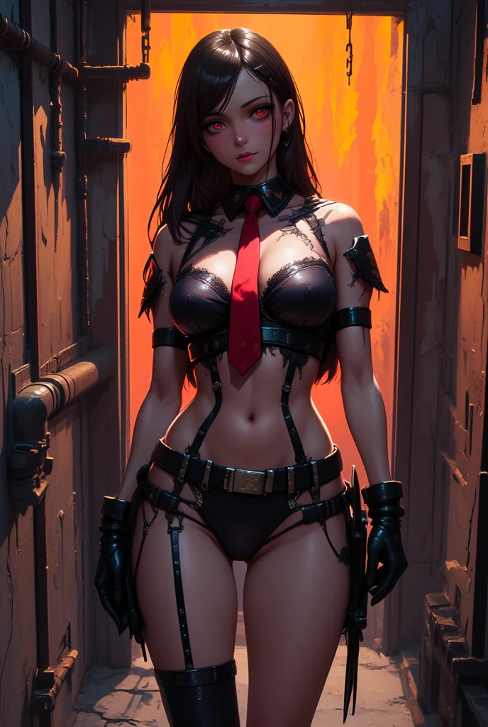 ((Simon Bisley)), Beautiful full-bodied woman, 30 years old, muscular and perfect body, barbarian warrior with little clothing, tiny thong, large breasts, generous neckline, holding a blood-stained sword, brave face, dark kingdom, sexy pose, walking inside a tavern full of mischievous men