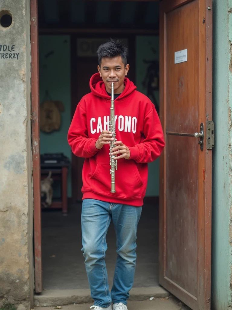 a young handsome Indonesian man, very short spiky hair , grandma hoodie in red color written "CAHYONO ", blue jeans , white shoes, face smile mouth blowing flute, face facing the camera, is standing hands holding fluted musical instrument , atmosphere near the house Outdoor toilet, written wall " toilet"