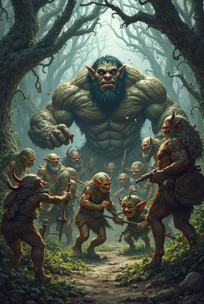 Barbarian Rage (make a image of  three funny looking giants, a ratfolk old man and a little dogfolk all barbarians in caotic rage)