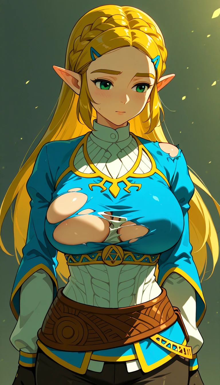 ((masterpiece)), ((best quality)), (detailed), perfect, solo, zelda, gorgeous woman, luscious lips, long hair, huge breast, deep cleavage, huge breasts, sexy,