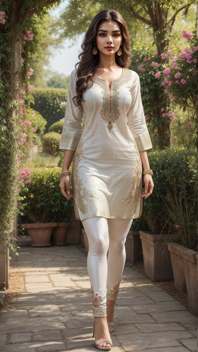 (full body shot:1.5), (Masterpiece:1.1), (stylish modern girl), (stylish girl in Indian outfits), (walking in a garden, beautiful garden), 1girl, solo girl, 20 year old girl, ultra realistic face, hyperrealistic, hyperdetailed, (looking at viewers), sharpen, detailed face, detailed eyes, detailed lips, red lips, beautiful face, 16k, FHD, raw photo, pretty face mesh, beautiful hair style, intricate, extremely detailed, (perky tits, perky breast, perky breasts, perfect rounded breasts), ultra realistic texture, smooth skin, realistic face, glow lip, glow face, very_high_resolution, natural lighting, natural brightness, perfect figure, fit body, (fancy high heel), hair ornaments, ((attractive embroidery kurta, neck strap, elegant kurta, fancy attractive kurta, fancy leggings)),