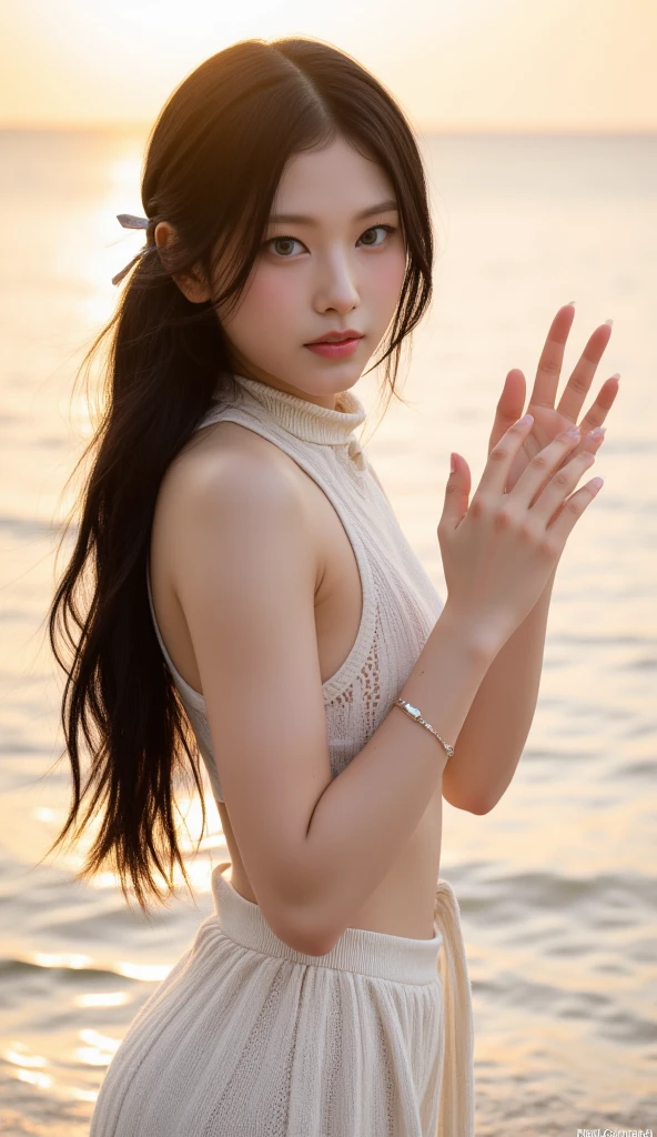 Japanese Girls, (Baby-faced beautiful girl:1.2, Idol Face), Delicate skin, Delicate areas, Detailed Description, Beautiful Eyes, Calm scenery, Beautiful beach with a promenade, Fluffy white clouds in a blue sky, The sound of waves crashing on the shore, A summer breeze carrying the scent of the season. , Bright sunlight emitting a warm glow, (Flowing, smooth hair, Hair blowing in the wind:1.3), (Highest quality, 4K, 8K, High resolution, masterpiece: 1.2), Very detailed, (Realistic, Realistic, Realistic: 1.37), (Detailed facial features, Beautiful attention to detail, Beautiful lip detail, Very detailed目と顔), (Professional photography techniques), Beautiful breasts, Small beautiful butt, Slender body line, ((Long eyelashes, double eyelid)), Calm, quiet, peaceful, Idyllic, Warm colors, Golden Hour Lighting, Cinematic, dream-like, Nostalgia, landscape, Natural light, (Detailed hands:1.3, Beautiful little hands of a girl:1.3, Put your hands together:1.3)