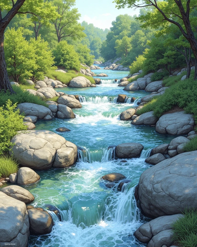(masterpiece:1.2, of the highest quality,of the highest quality,Super detailed:1.2),(Very detailed),8k,(photorealistic),(RAW Photos:1.2),An elegant, clear water bottle cooled by the stream,negative ions,Beautiful river flow,Drawing transparent water,(photo awesome),beautiful sky,Reflecting the sunlight