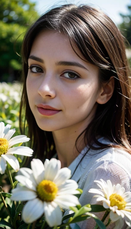 Dark-haired girl, slight smile, with greenish eyes to be in a field where poppies grow