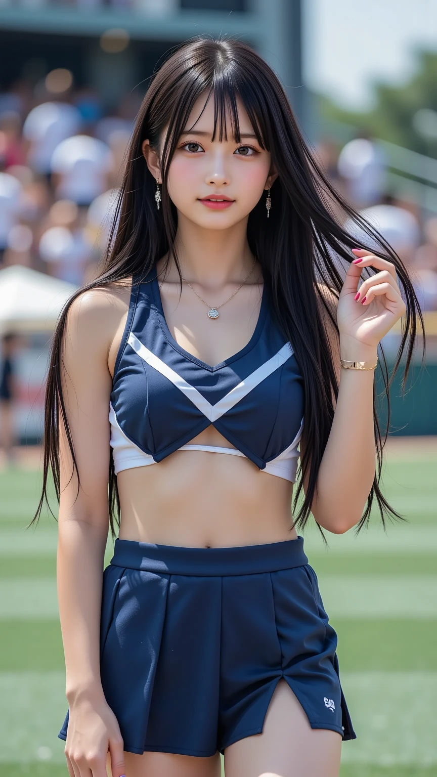 highest quality, masterpiece, Ultra-high resolution, (Realistic:1.4), RAW Photos, 32K Portrait, Very detailed, Cowboy Shot, Dynamic pose,
One girl, 16 years old, The most famous Japanese idol、Japan's most popular cheerleader, Wearing only sleeveless cheerleader uniforms, An innocent smile, View your viewers, Upturned buttocks,
Very cute face, Stunningly beautiful big black eyes, Very beautiful hair, Very beautiful lips, Very beautiful skin, Very beautiful breasts, Very beautiful body, Very beautiful arms, Five perfect fingers, Very beautiful buttocks, Very beautiful thighs,
Detailed face, Fine grain, Detailed Hair, Detailed lips, Detailed Skin, Detailed body, Detailed Weapons, Detailed five fingers, detailed sleeveless cheerleader uniform, Detailed hips, Thigh details