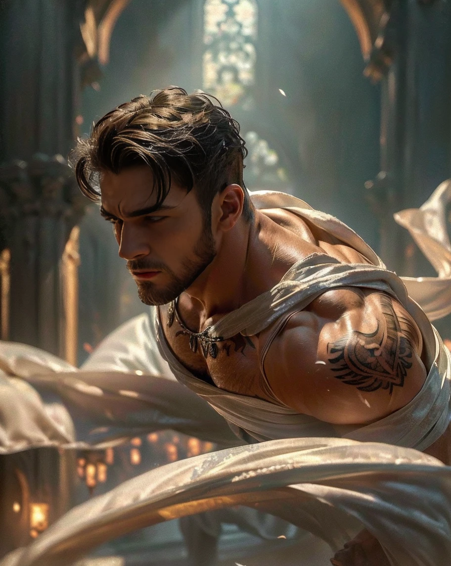 A muscular handsome young man is imprisoned in a darkest place, extremely muscular body, perfect body, large chest, largest pectorals, big nipples, well-defined abs, shiny smooth skin, Sexy gaze, (looking at the viewers romantically), sexy posture, above his head is a golden halo ring, he is bathed in golden sacred light coming from above, (a gold crown on his head, his body is shackled with gold chains, gold finger rings, hands and neck are shackled with golden chains at back, two angelic golden wings on his back, full tattooed body, a voluptuous golden brief with a band of gold with sparkling gemstones, (bulge: 1.2)). He has short black hair. This scene looks like something out of the realm of fantasy or legend seen from above, (full body view),