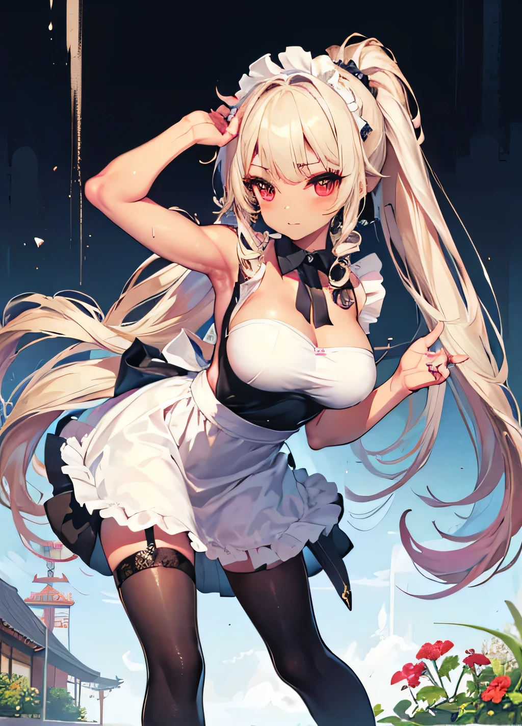 ((masterpiece)), ((best quality)), (ultra-detailed), ((kawaii)), cute, (lovely), ((sexy)), (ero), ((extremely detailed)), 4K, (8K), best quality, (beautiful)0, beautiful sky, sunrise, moon, usada pekora, maid, beautiful light blue eyes, ((beautiful eyes)), light brown-skinned, muscle, garter belt, angry,shining white hair,