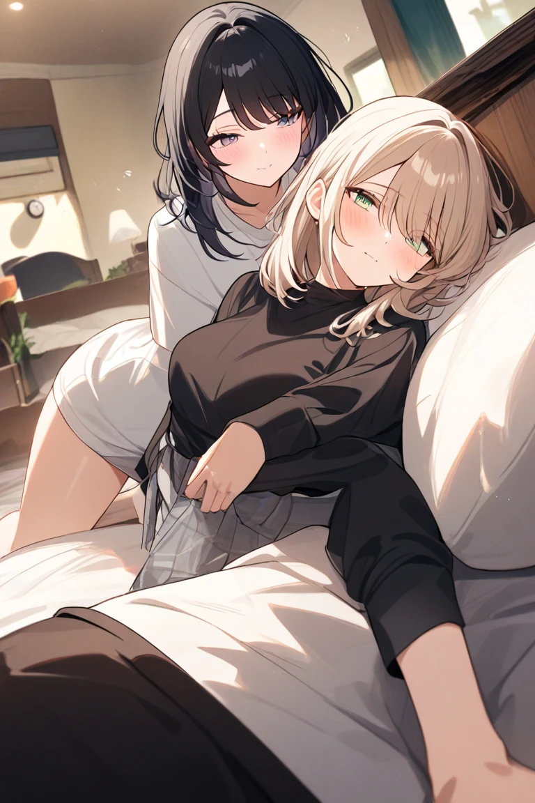 How to sit a girl，Depth of written boundary, delicate eyes, full hand, 余分な手feetなし，arm２Book，feet２Book，distinct nose bridge，fine skin、Smooth、perfect beauty、small breasts、thin，((Natural style))，brown hair、Book当に美しい、beautiful profile，perfect style，Ahegao，((boyish clothes))，shortcut，Western-style room，on the bed，lighting dark，１put your wrist on top of someone２Book，１人にfeet首２Book，flushed face，Don&#39;Do not fold your hands，feetは組まない，((Kiss between girls))，((hug each other and have a deep kiss))、((kiss the eyes))，((All nude))、((girly clothes))，((Natural posture))，((正しい手feetの数))